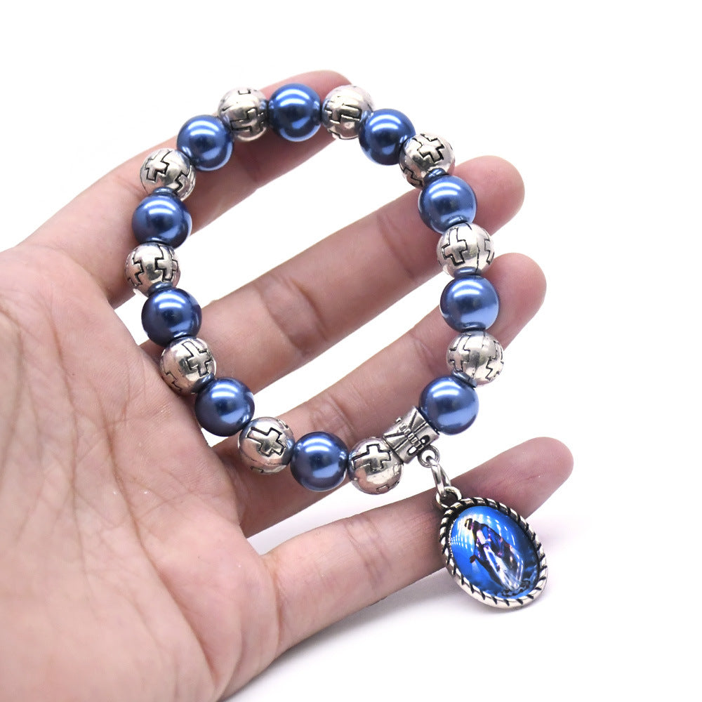 Sapphire Blue Pearl Pendant Cross Bracelet