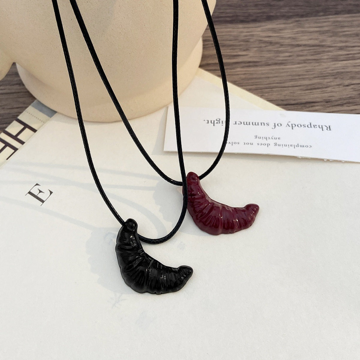 Korean-style Minimalist Croissant Black Leather Cord Necklace