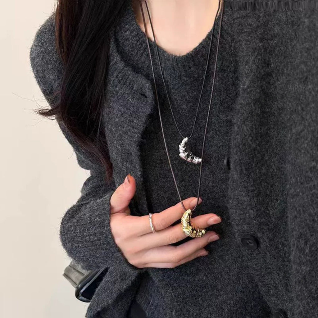 Korean-style Minimalist Croissant Black Leather Cord Necklace