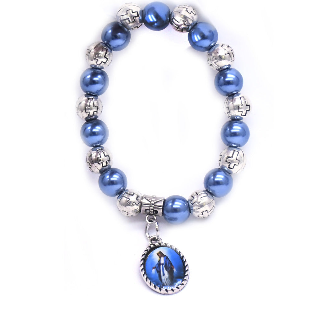 Sapphire Blue Pearl Pendant Cross Bracelet