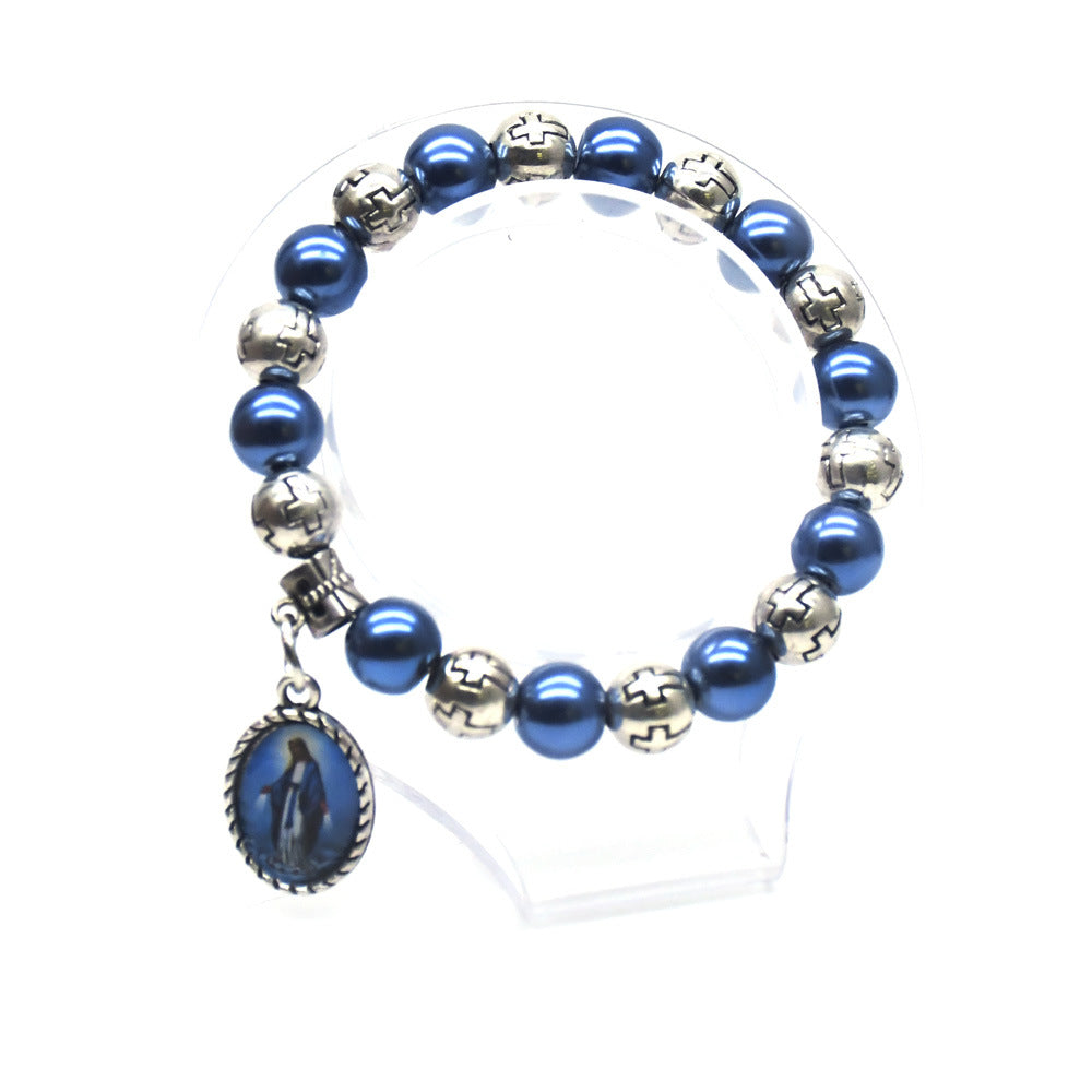 Sapphire Blue Pearl Pendant Cross Bracelet