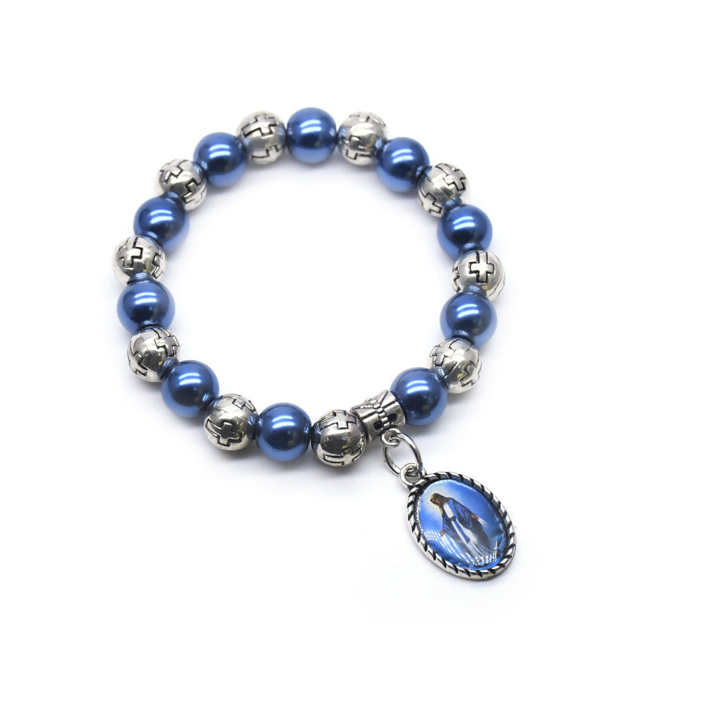 Sapphire Blue Pearl Pendant Cross Bracelet