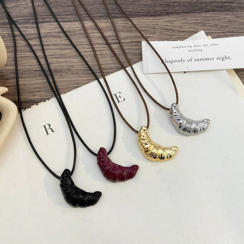 Korean-style Minimalist Croissant Black Leather Cord Necklace