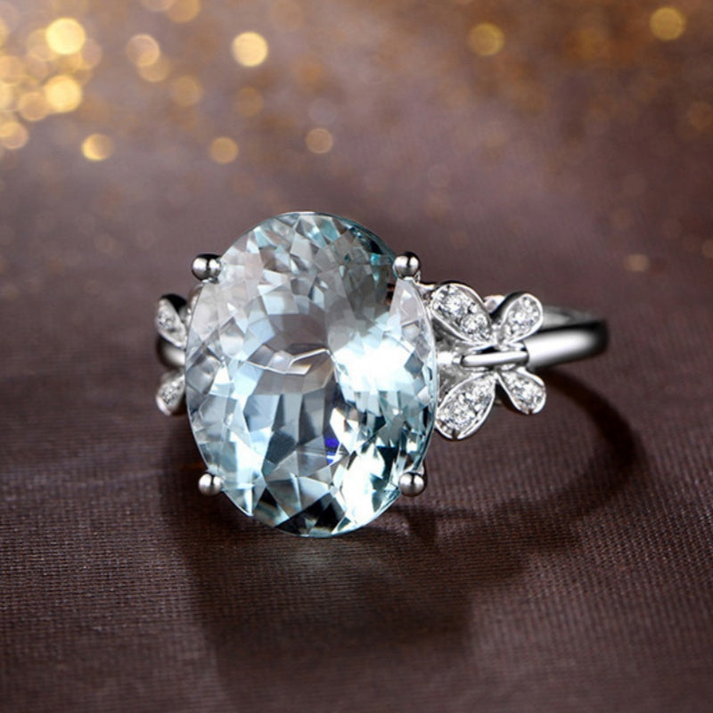 Fashionable Sea-Blue Butterfly Ring In Alloy With Zircon Inlays
