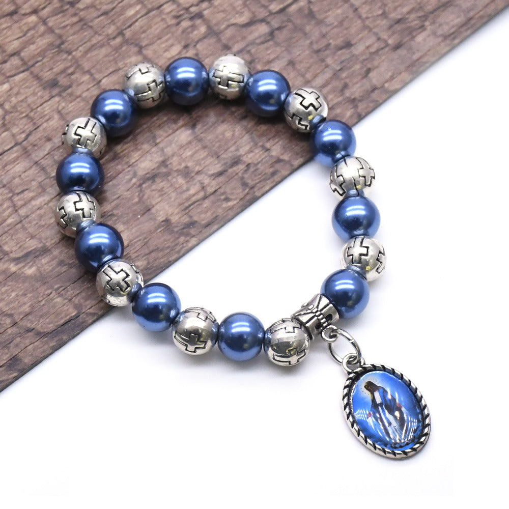 Sapphire Blue Pearl Pendant Cross Bracelet
