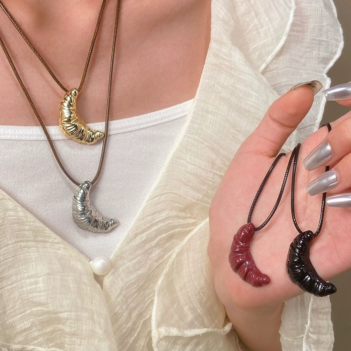 Korean-style Minimalist Croissant Black Leather Cord Necklace