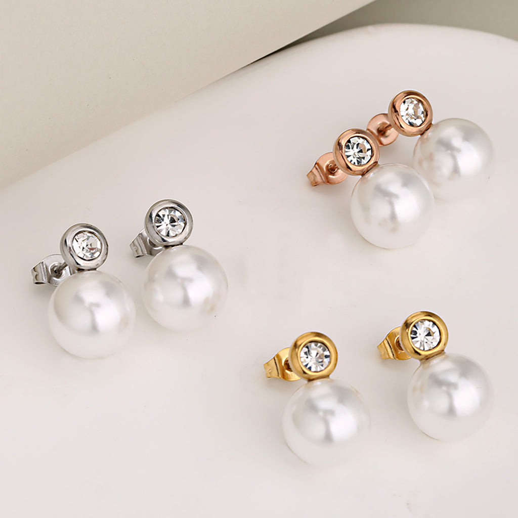 Fashionable Round Stainless Steel Pearl Minimalist Earrings